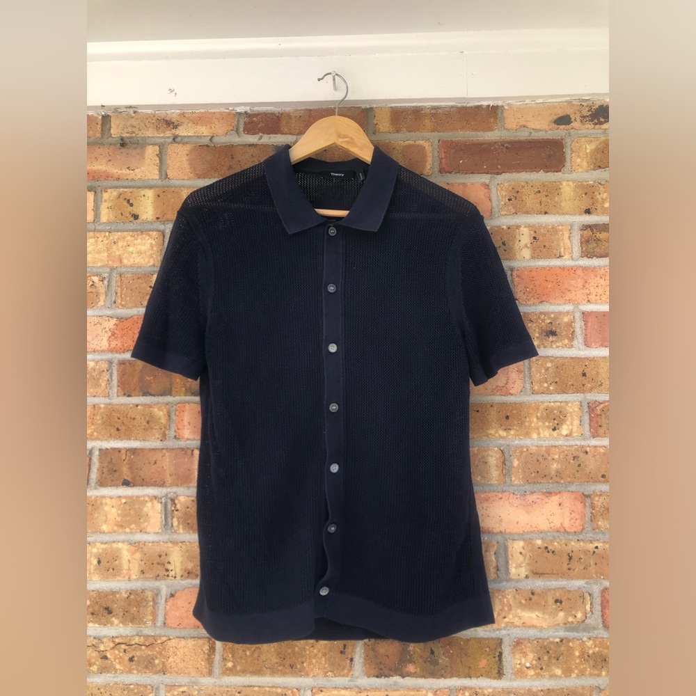 Theory Navy Short-Sleeve Button-Down Knit Shirt in Tactile Cotton